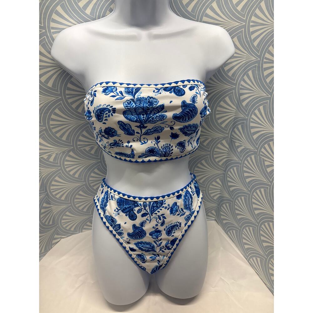 New Blue floral leaves high waisted women bikini two pieces swimsuit & skirt M - Picture 3 of 9